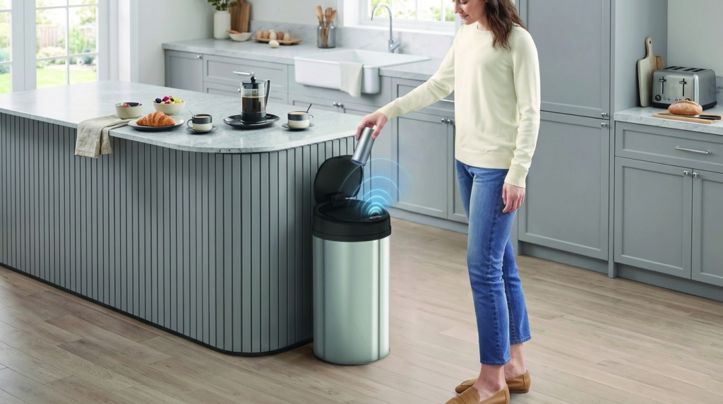 Modern kitchen lifestyle featuring Elylife automatic sensor trash can for hands-free waste disposal