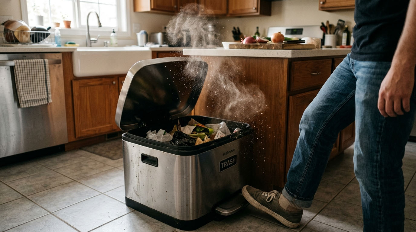 Sensor vs step-on kitchen bin comparison in a modern kitchen setting