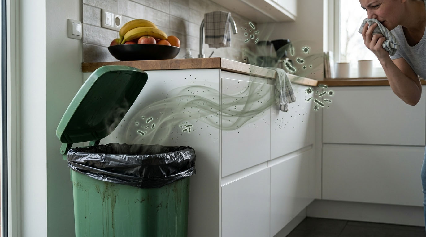 Traditional kitchen trash can releasing bacteria plumes and foul odors