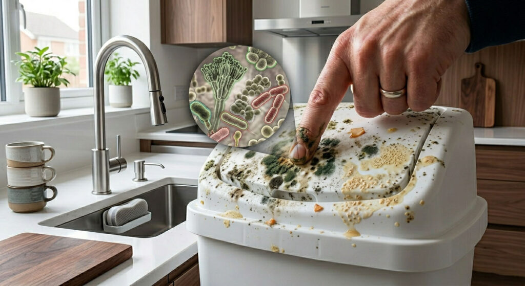 Hand touching a dirty kitchen trash can lid showing cross-contamination risks