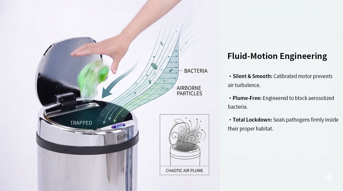 Elylife fluid-motion engineering diagram showing airborne particle containment in smart bin