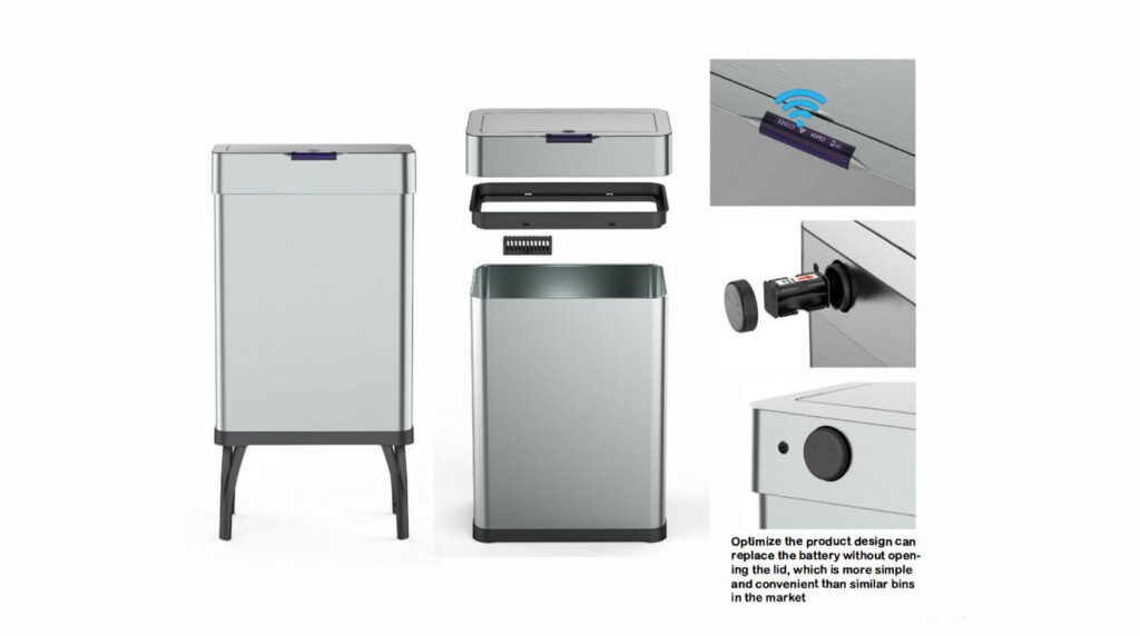 Modern premium stainless steel trash can with hermetic seal and air filtration components.
