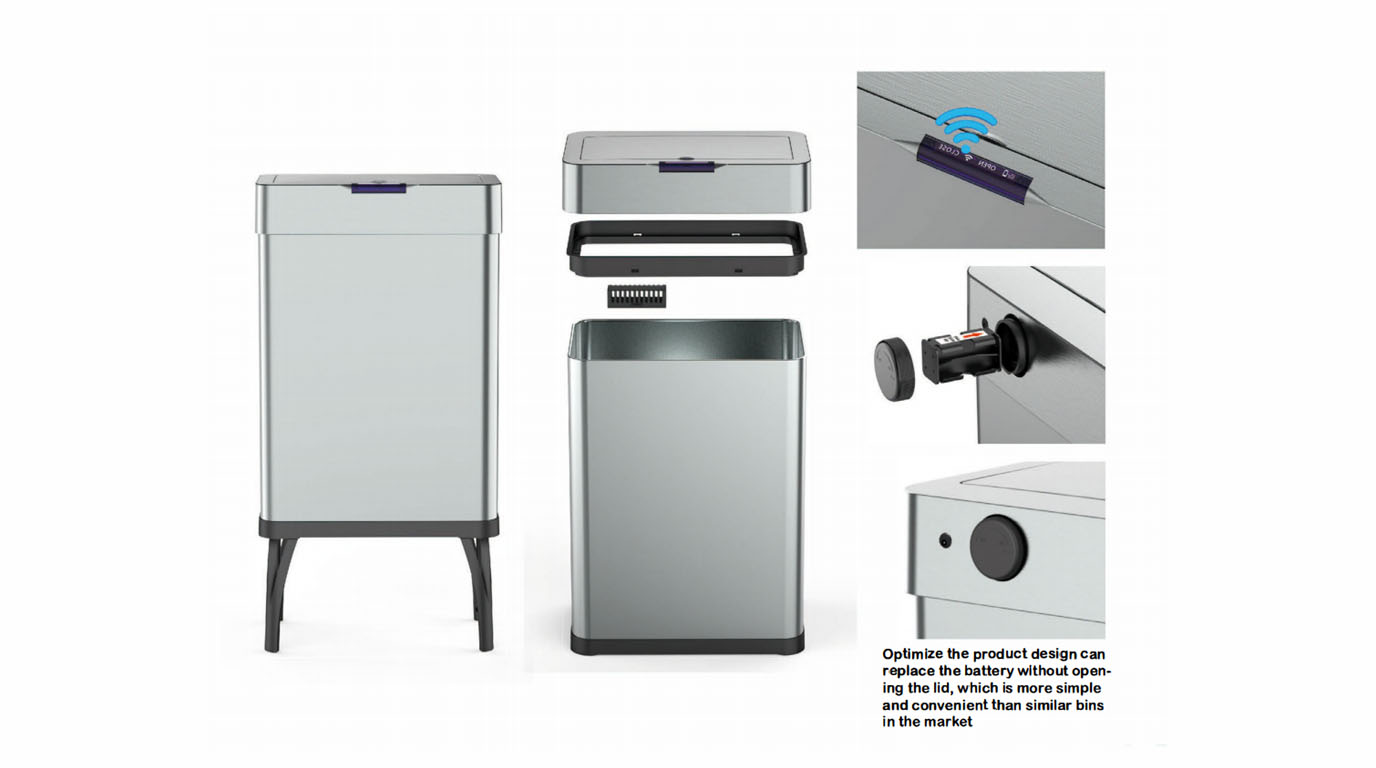 Modern premium stainless steel trash can with hermetic seal and air filtration components.