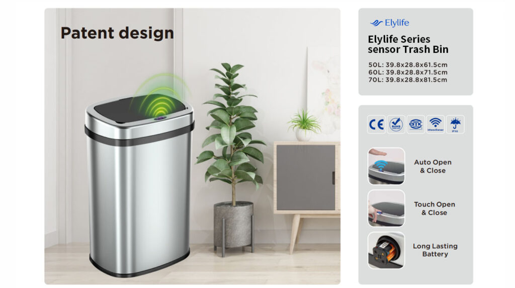 Smart stainless steel sensor trash can with patent design features and odor control technology.