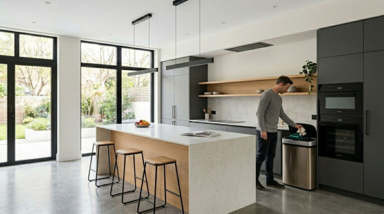 Modern minimalist kitchen interior featuring high-end cabinetry and a sleek sensor-operated trash can for odor control.