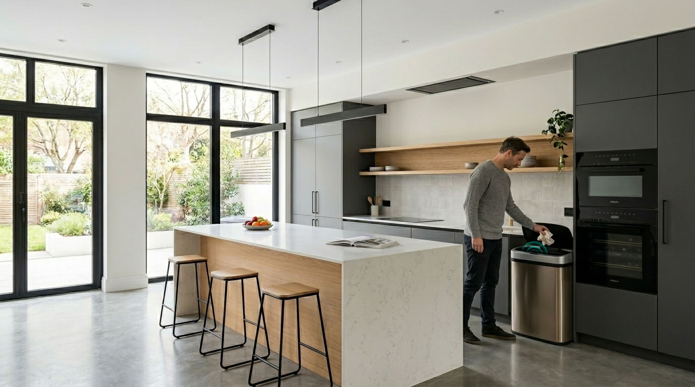 Modern minimalist kitchen interior featuring high-end cabinetry and a sleek sensor-operated trash can for odor control.