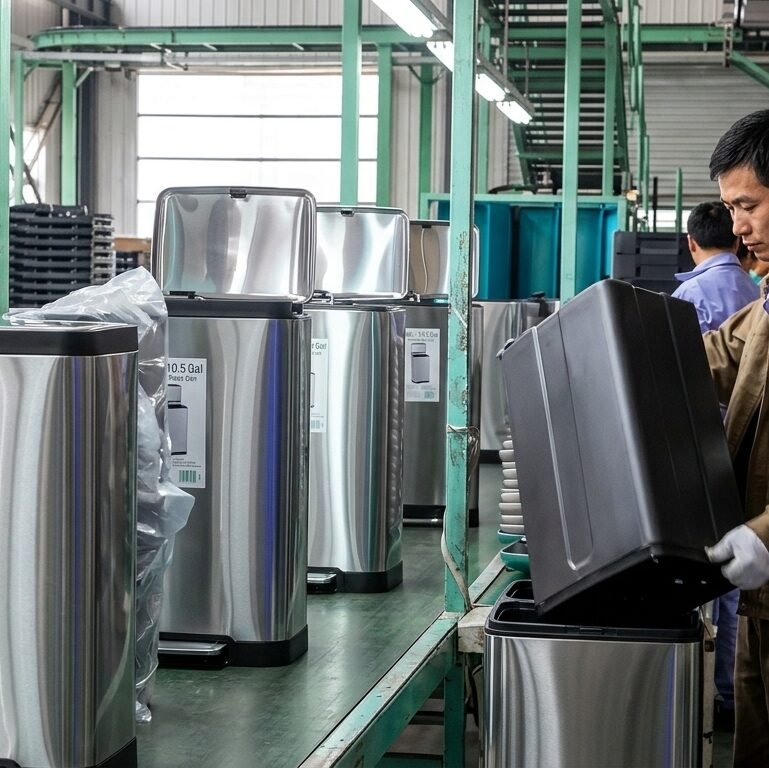 Factory worker assembling stainless steel smart trash can with removable inner bin